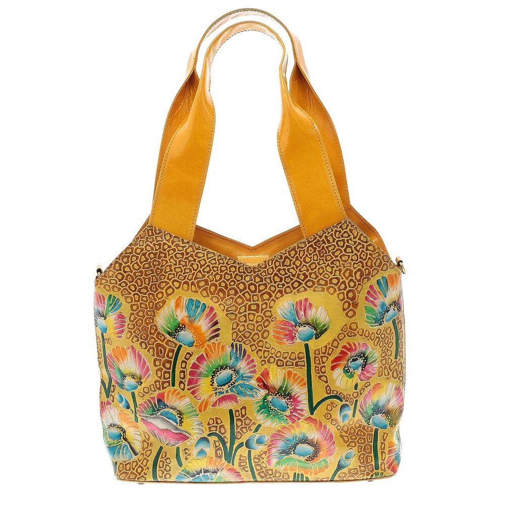 UNBRANDED hand painted leather floral animal print shoulder bag yellow purse NEW